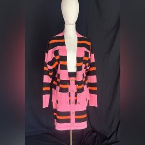 AKIRA Pink, Black, and Orange Striped Cardigan Set